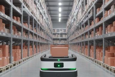 Veicolo mobile autonomo che trasporta colli in un magazzino ordinato