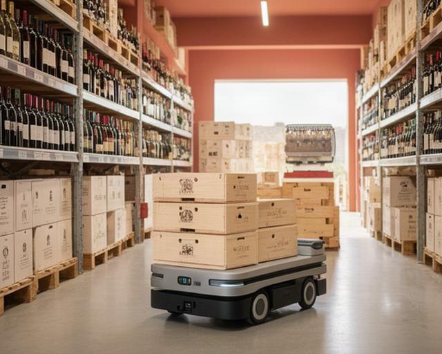 Robot compatto che sposta casse di vino in un retrobottega ordinato di un supermercato toscano