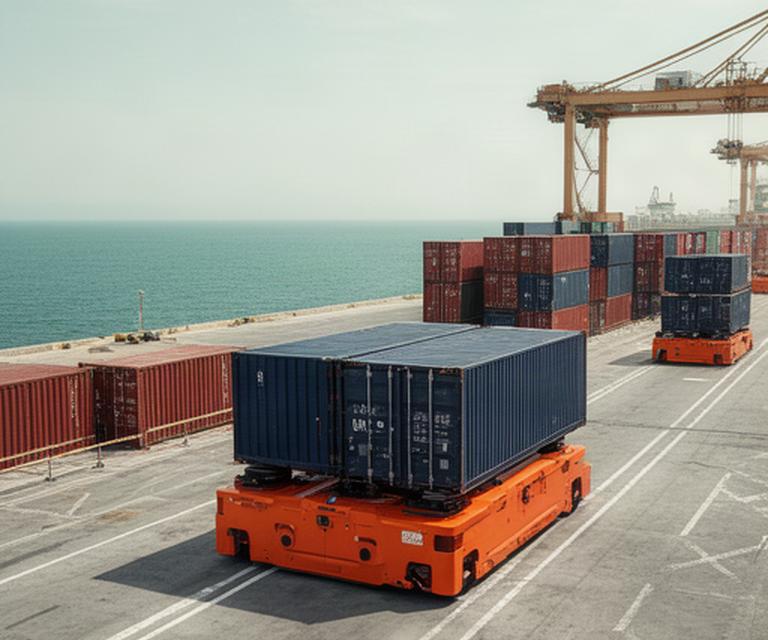 AGV arancioni che trasportano container tra banchina e piazzale di un terminal marittimo italiano